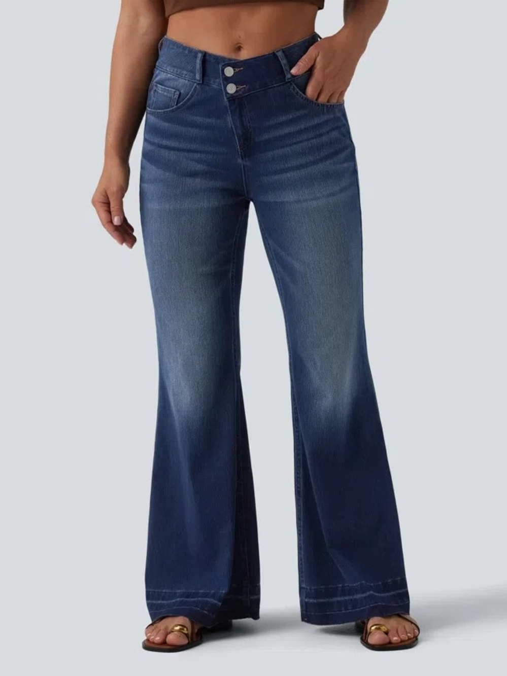 Halara Flex™ Asymmetric Mid Rise Casual Flare Jeans with Pockets
